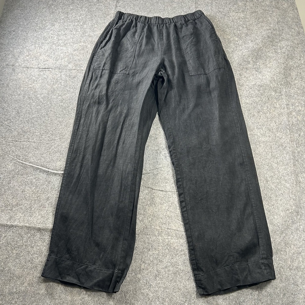 AYR Black 100% Linen Pants Womens Large Straight Leg Elastic Waist